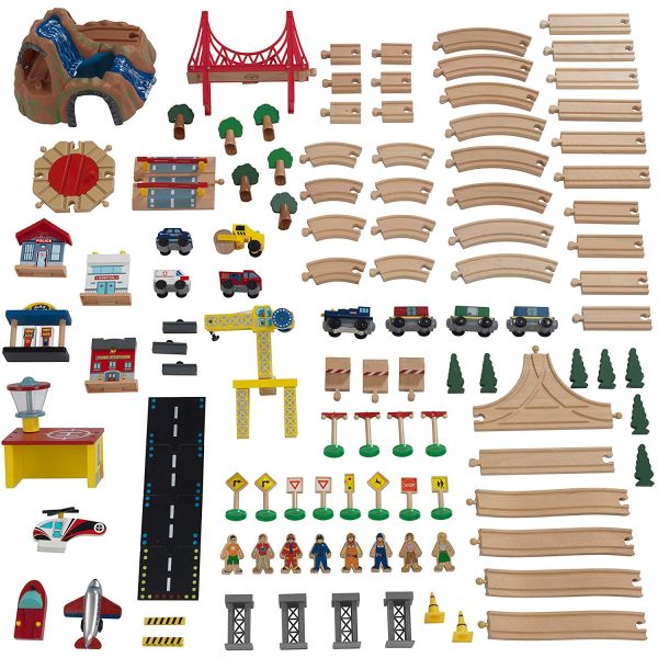 COSTWAY Tavolo E Set Treno Giocattolo In Legno, Set Da Gioco Creativo Treni E Binari Per Bambini Con 100 Pezzi Trenino Per Bambini Anni 3 0