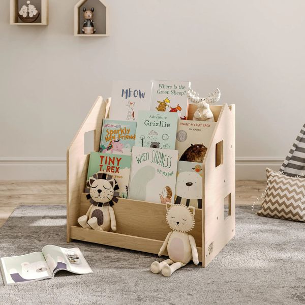 Libreria Montessori OOOK In Legno Massello – 4 Ripiani Libri, 2 Contenitori Giocattoli, 70x28x86 Cm